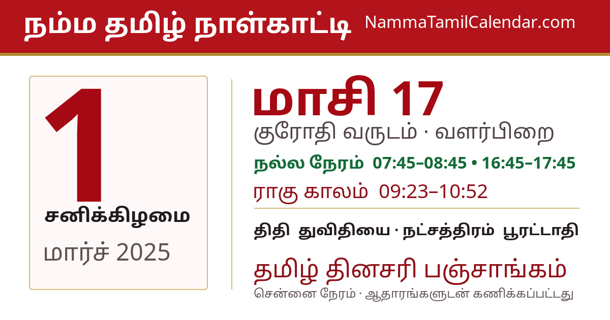 மார்ச் 1, 2025 சென்னை தமிழ் காலண்டர் பகிர்வு படம்