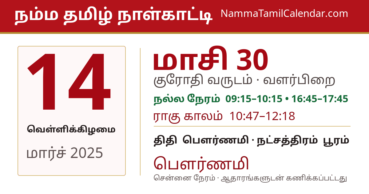 மார்ச் 14, 2025 சென்னை தமிழ் காலண்டர் பகிர்வு படம்