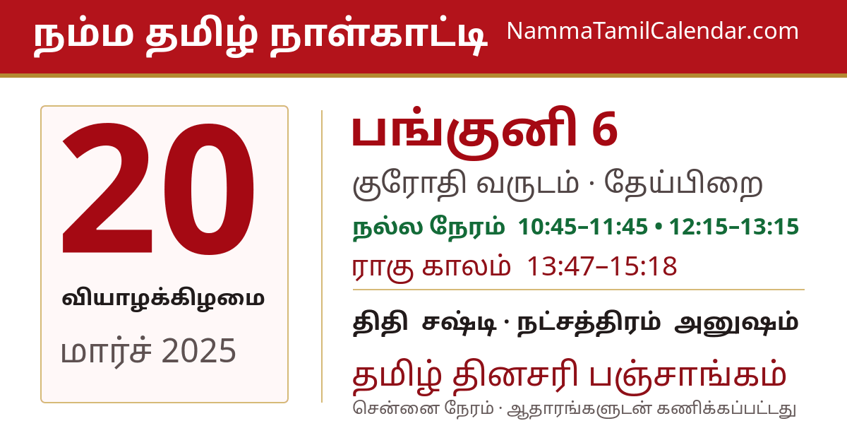 மார்ச் 20, 2025 சென்னை தமிழ் காலண்டர் பகிர்வு படம்