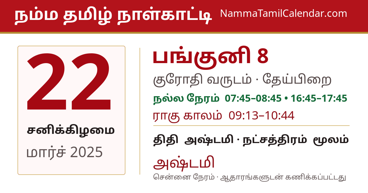 மார்ச் 22, 2025 சென்னை தமிழ் காலண்டர் பகிர்வு படம்