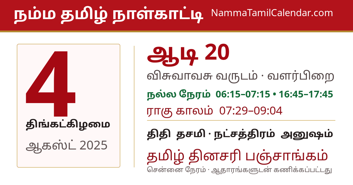 ஆகஸ்ட் 4, 2025 சென்னை தமிழ் காலண்டர் பகிர்வு படம்