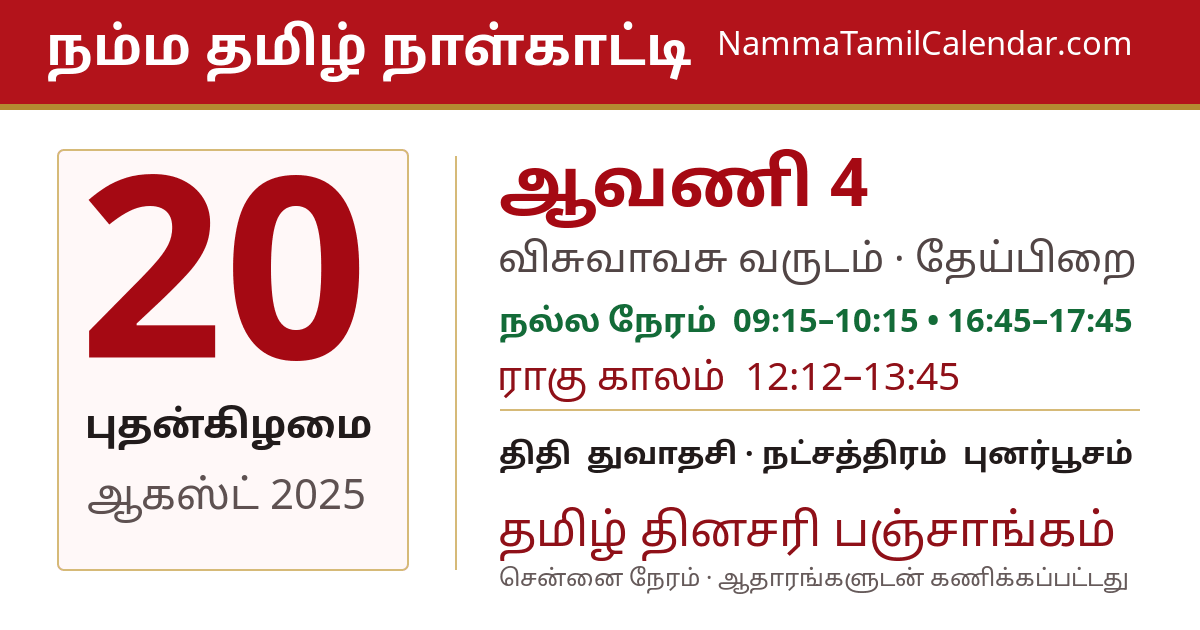 ஆகஸ்ட் 20, 2025 சென்னை தமிழ் காலண்டர் பகிர்வு படம்