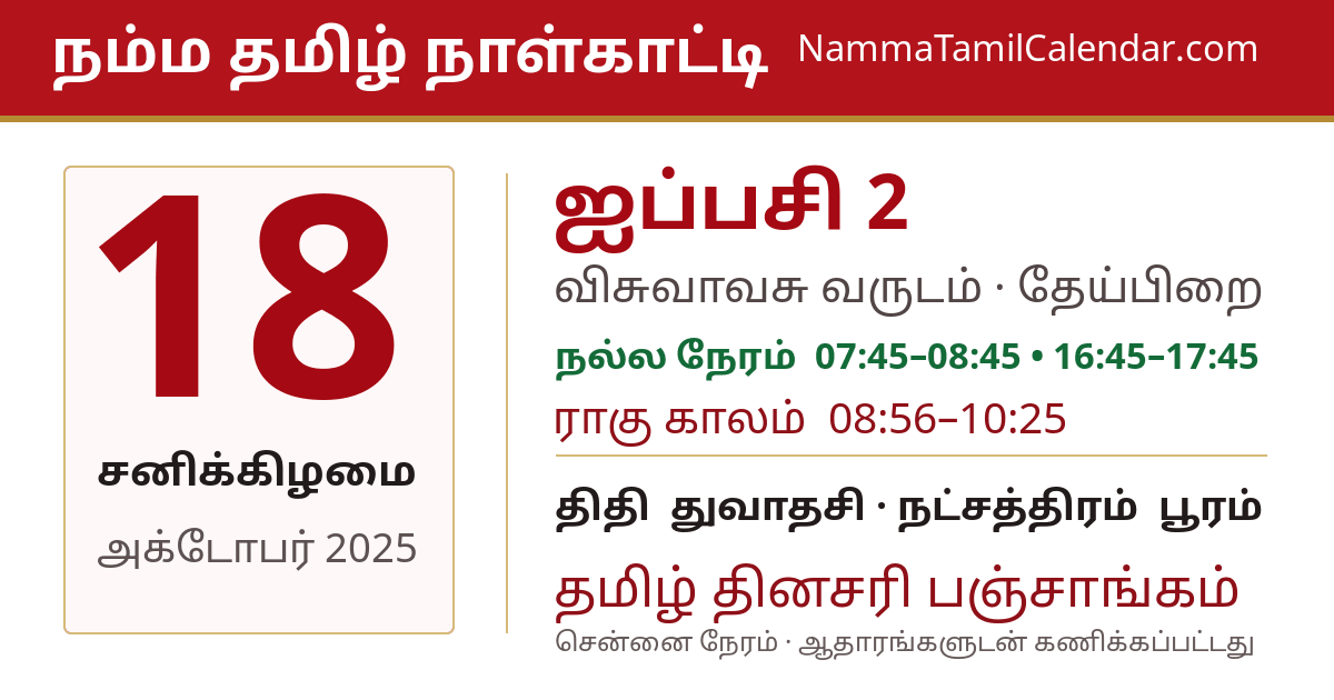 அக்டோபர் 18, 2025 சென்னை தமிழ் காலண்டர் பகிர்வு படம்