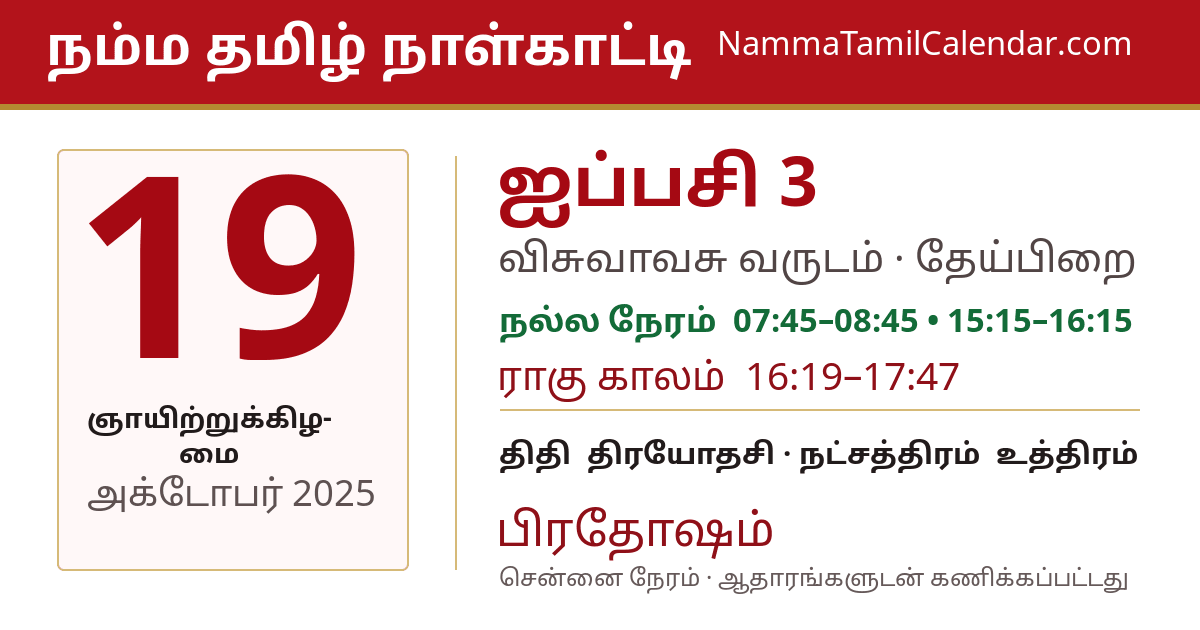 அக்டோபர் 19, 2025 சென்னை தமிழ் காலண்டர் பகிர்வு படம்
