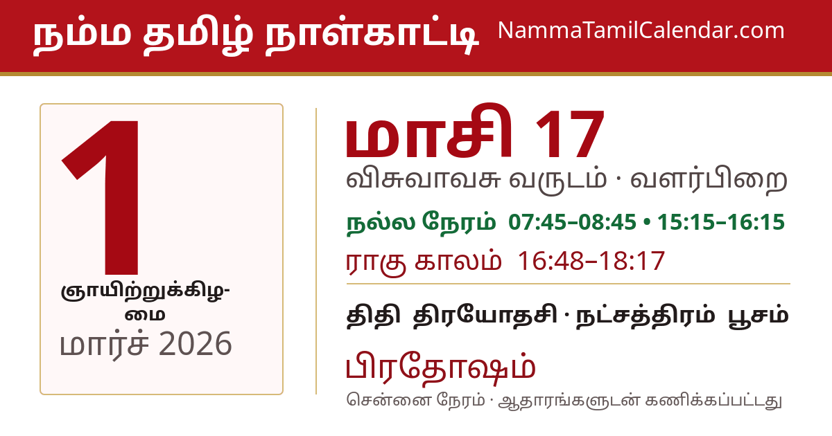 மார்ச் 1, 2026 சென்னை தமிழ் காலண்டர் பகிர்வு படம்