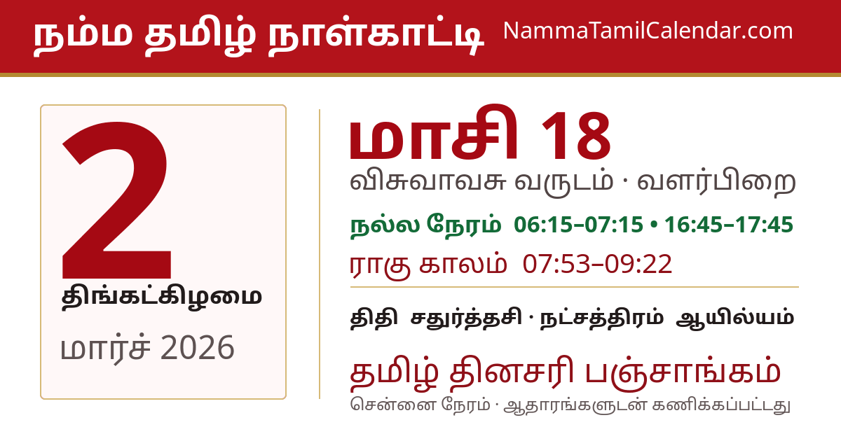 மார்ச் 2, 2026 சென்னை தமிழ் காலண்டர் பகிர்வு படம்