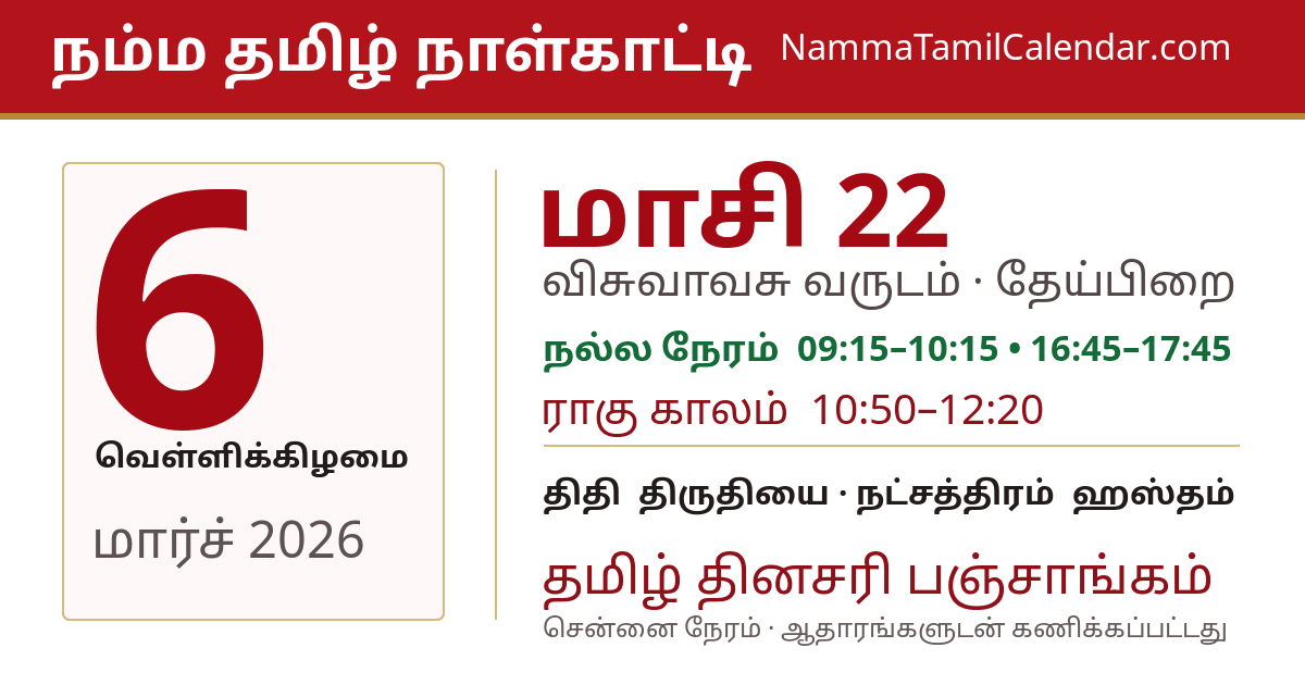 மார்ச் 6, 2026 சென்னை தமிழ் காலண்டர் பகிர்வு படம்