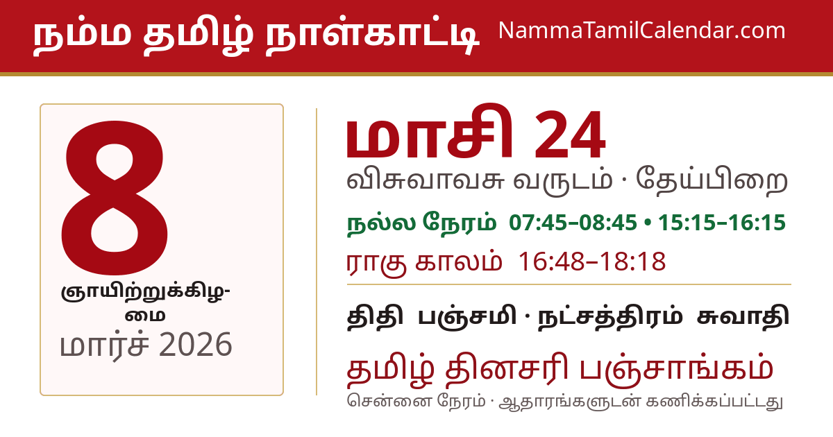 மார்ச் 8, 2026 சென்னை தமிழ் காலண்டர் பகிர்வு படம்
