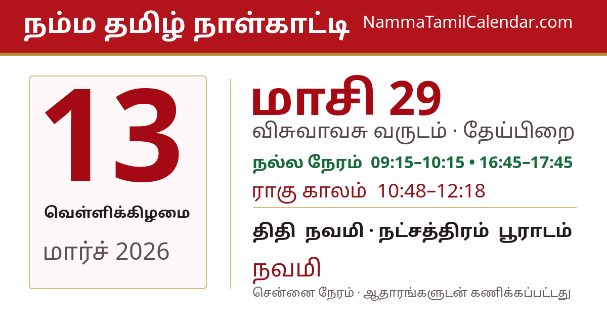 மார்ச் 13, 2026 சென்னை தமிழ் காலண்டர் பகிர்வு படம்