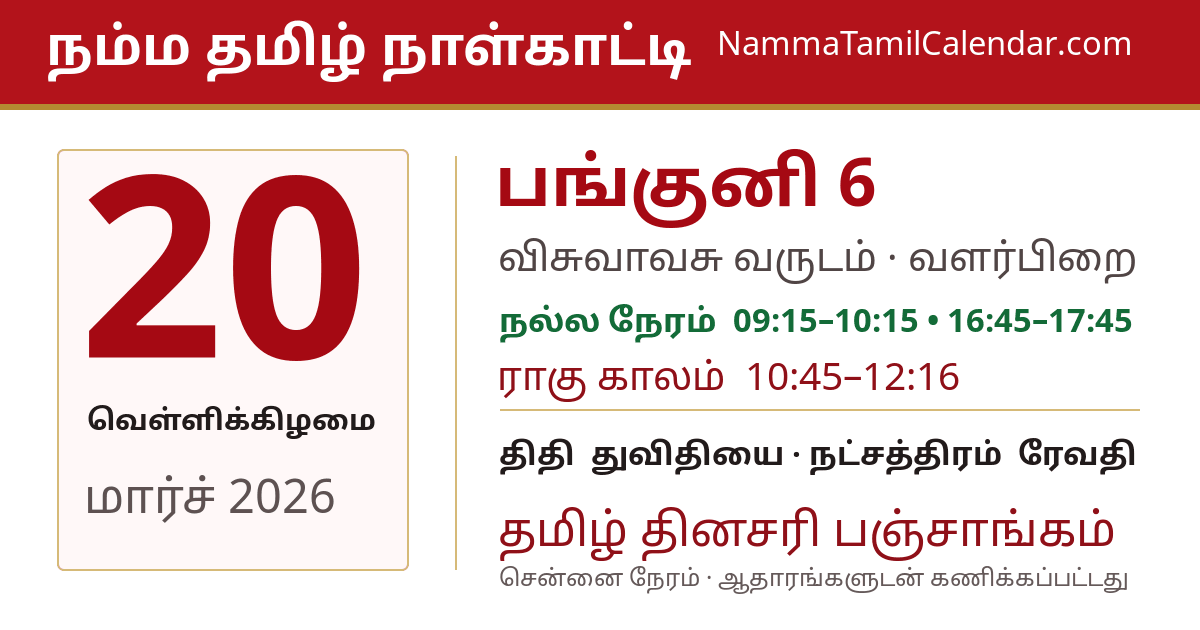 மார்ச் 20, 2026 சென்னை தமிழ் காலண்டர் பகிர்வு படம்