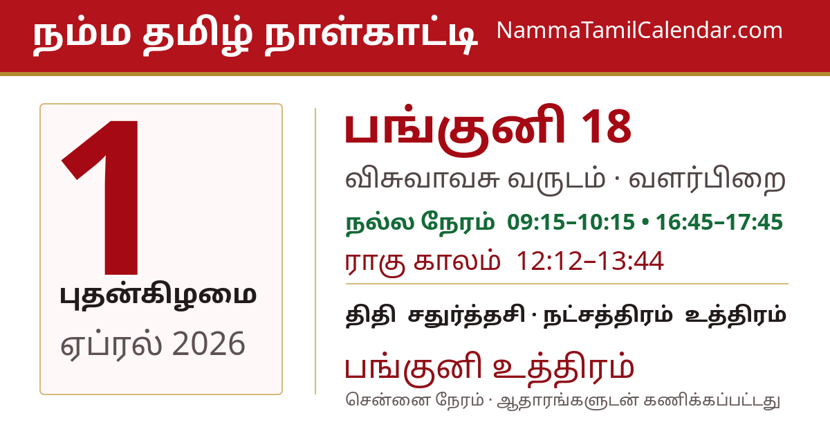 ஏப்ரல் 1, 2026 சென்னை தமிழ் காலண்டர் பகிர்வு படம்