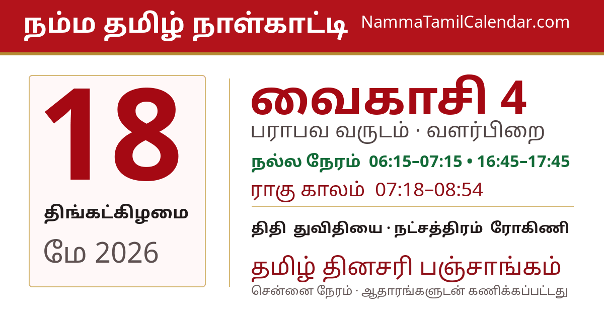 மே 18, 2026 சென்னை தமிழ் காலண்டர் பகிர்வு படம்