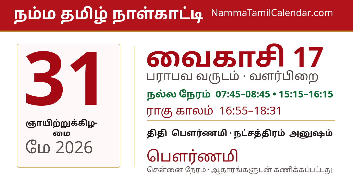 மே 31, 2026 சென்னை தமிழ் காலண்டர் பகிர்வு படம்