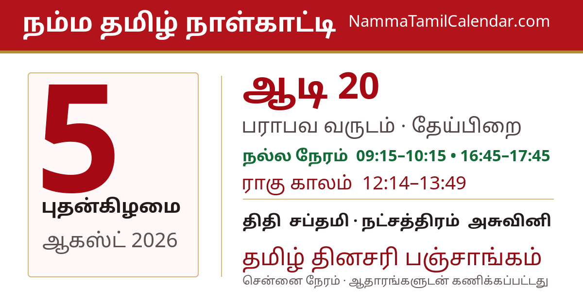 ஆகஸ்ட் 5, 2026 சென்னை தமிழ் காலண்டர் பகிர்வு படம்