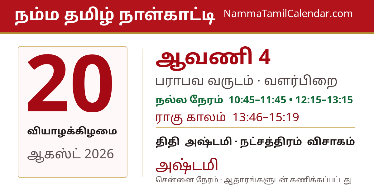ஆகஸ்ட் 20, 2026 சென்னை தமிழ் காலண்டர் பகிர்வு படம்