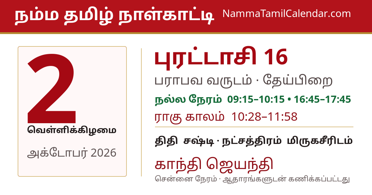 அக்டோபர் 2, 2026 சென்னை தமிழ் காலண்டர் பகிர்வு படம்