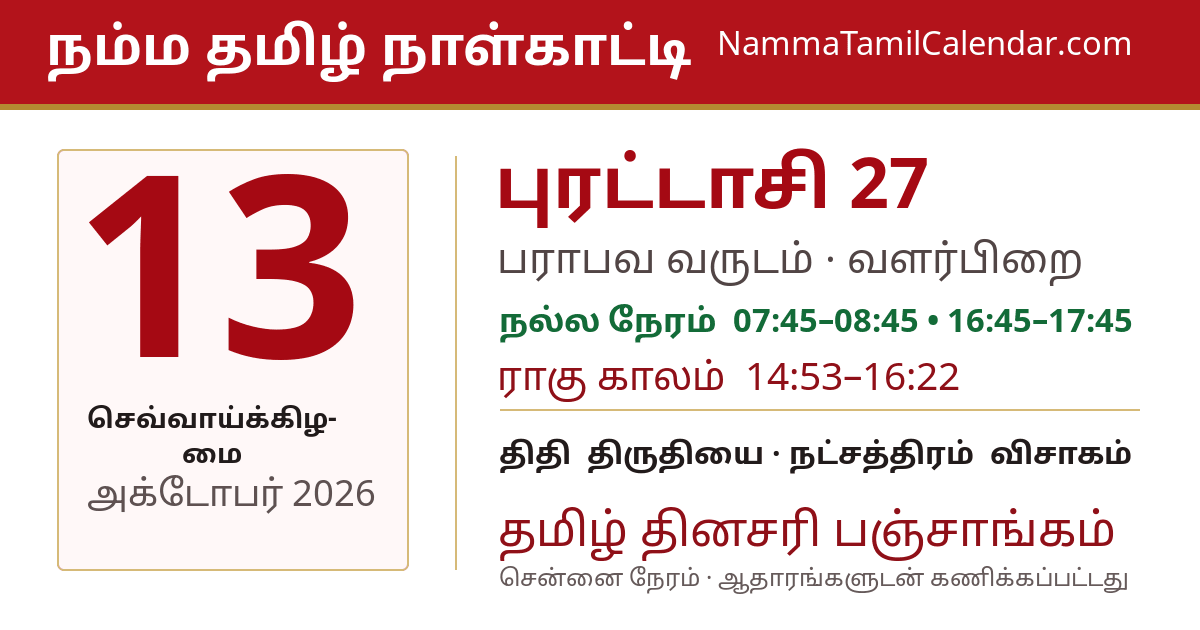 அக்டோபர் 13, 2026 சென்னை தமிழ் காலண்டர் பகிர்வு படம்