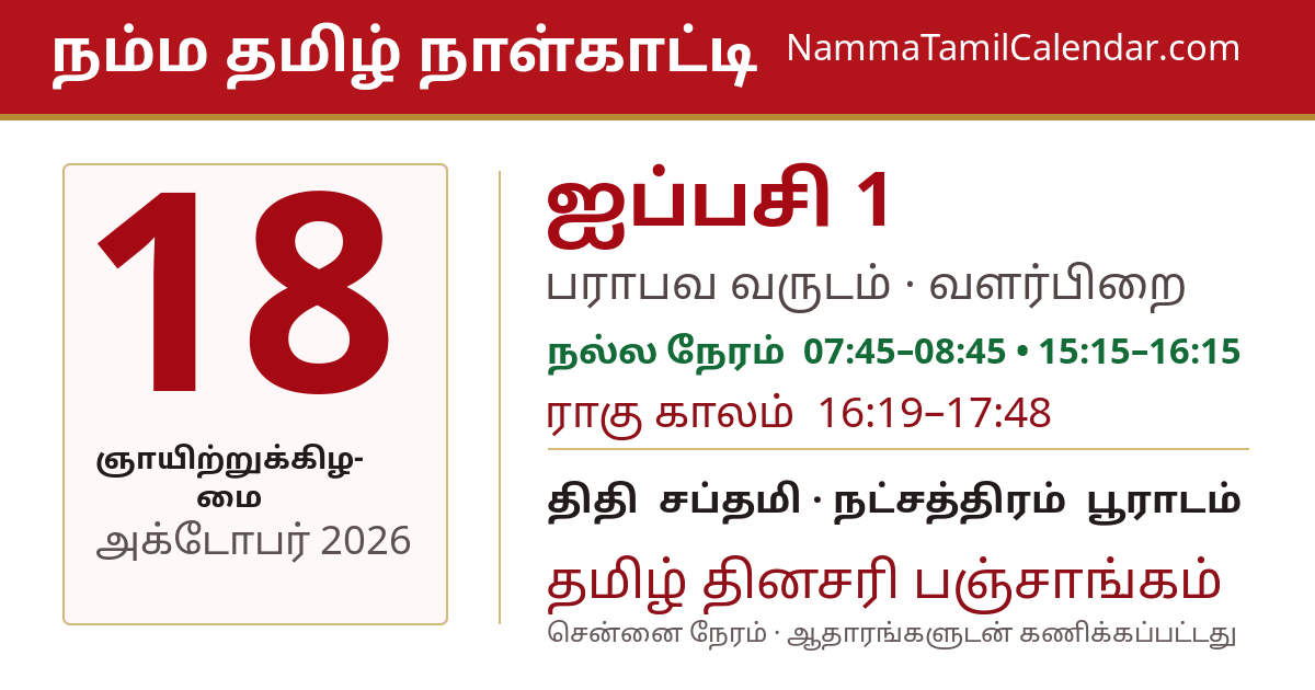 அக்டோபர் 18, 2026 சென்னை தமிழ் காலண்டர் பகிர்வு படம்