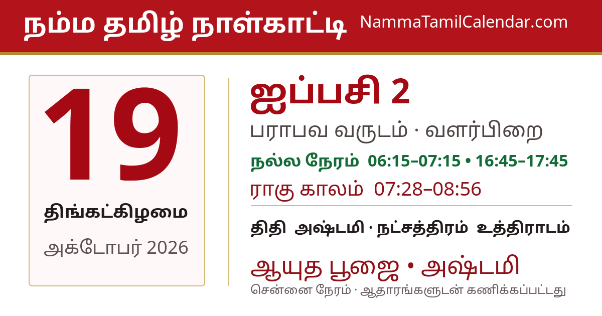 அக்டோபர் 19, 2026 சென்னை தமிழ் காலண்டர் பகிர்வு படம்