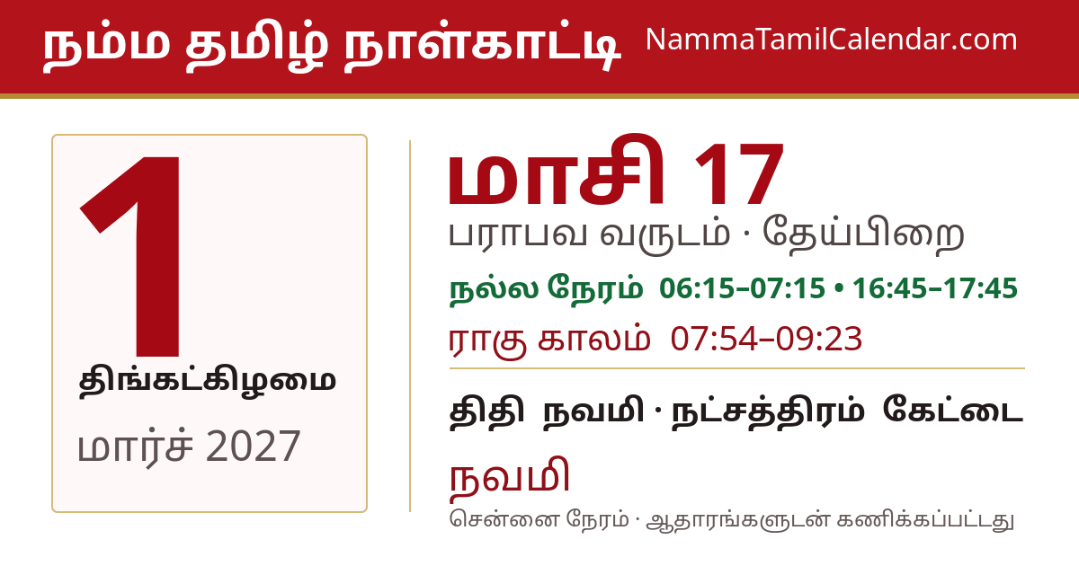 மார்ச் 1, 2027 சென்னை தமிழ் காலண்டர் பகிர்வு படம்