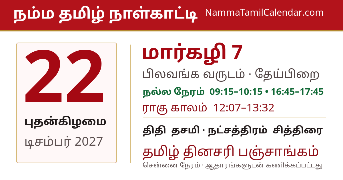 டிசம்பர் 22, 2027 சென்னை தமிழ் காலண்டர் பகிர்வு படம்