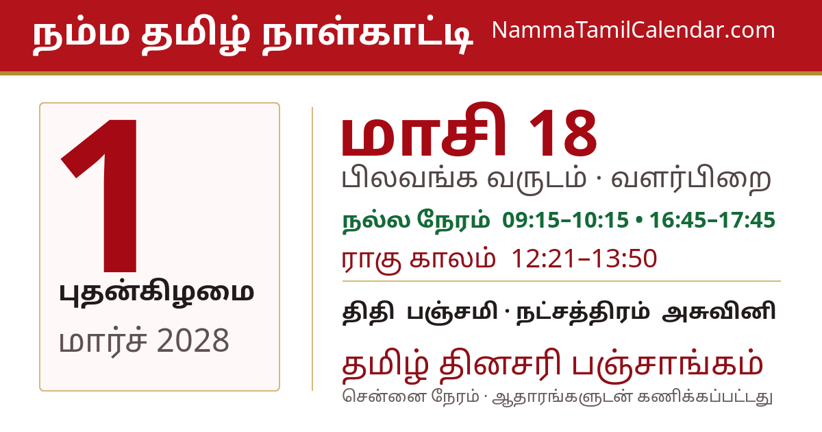 மார்ச் 1, 2028 சென்னை தமிழ் காலண்டர் பகிர்வு படம்