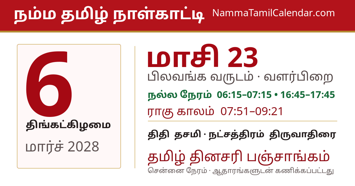 மார்ச் 6, 2028 சென்னை தமிழ் காலண்டர் பகிர்வு படம்
