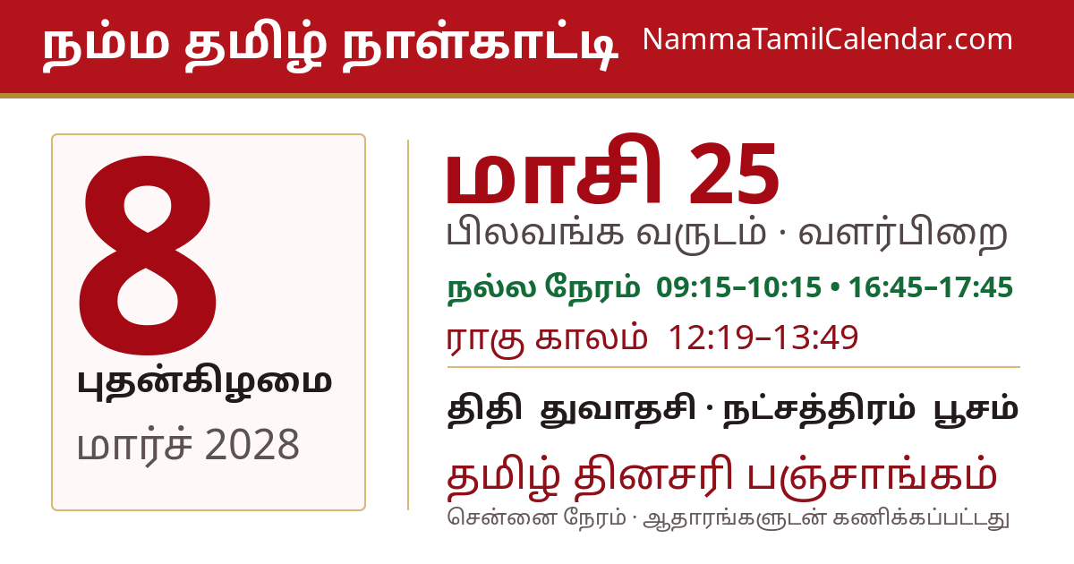மார்ச் 8, 2028 சென்னை தமிழ் காலண்டர் பகிர்வு படம்