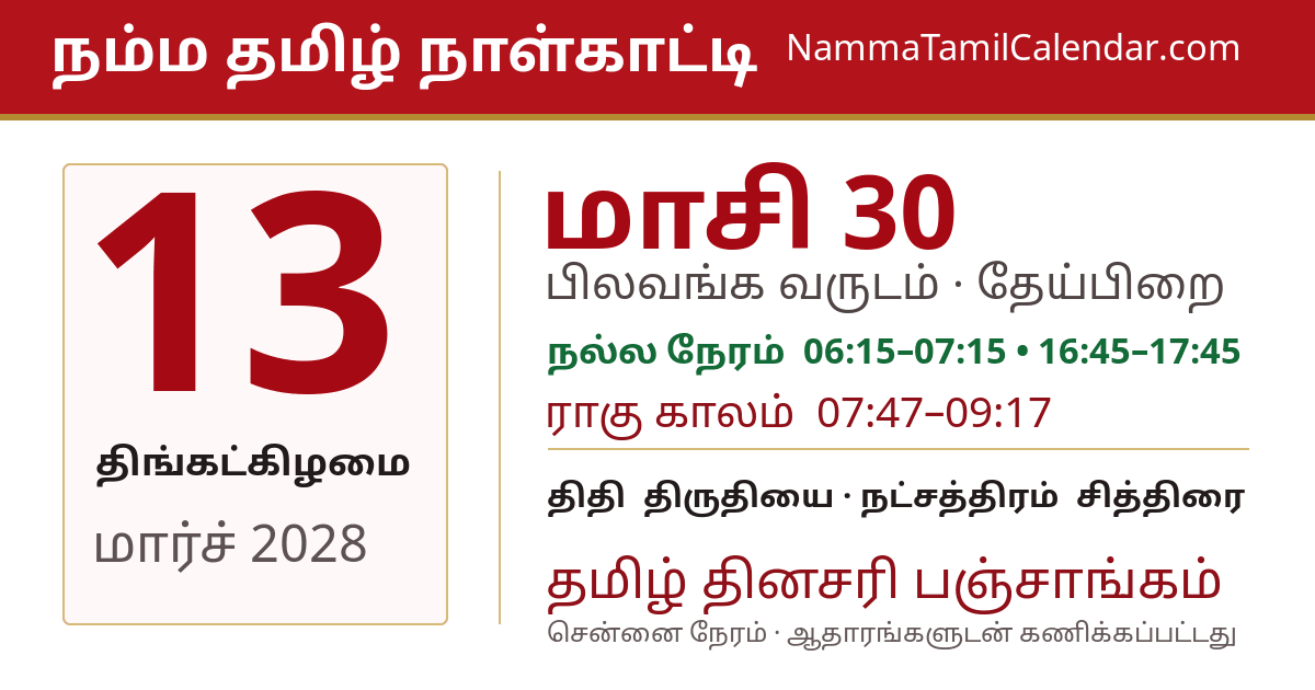 மார்ச் 13, 2028 சென்னை தமிழ் காலண்டர் பகிர்வு படம்