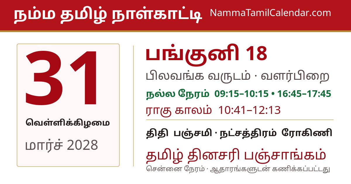 மார்ச் 31, 2028 சென்னை தமிழ் காலண்டர் பகிர்வு படம்