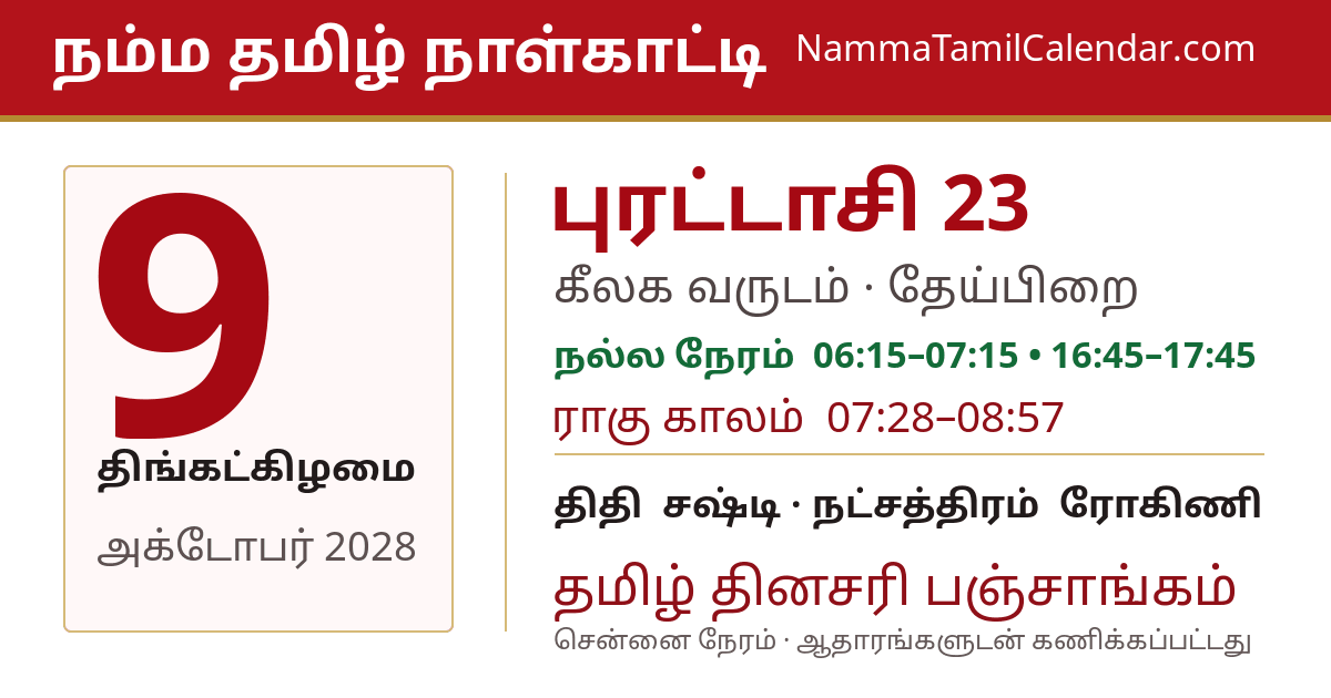 அக்டோபர் 9, 2028 சென்னை தமிழ் காலண்டர் பகிர்வு படம்