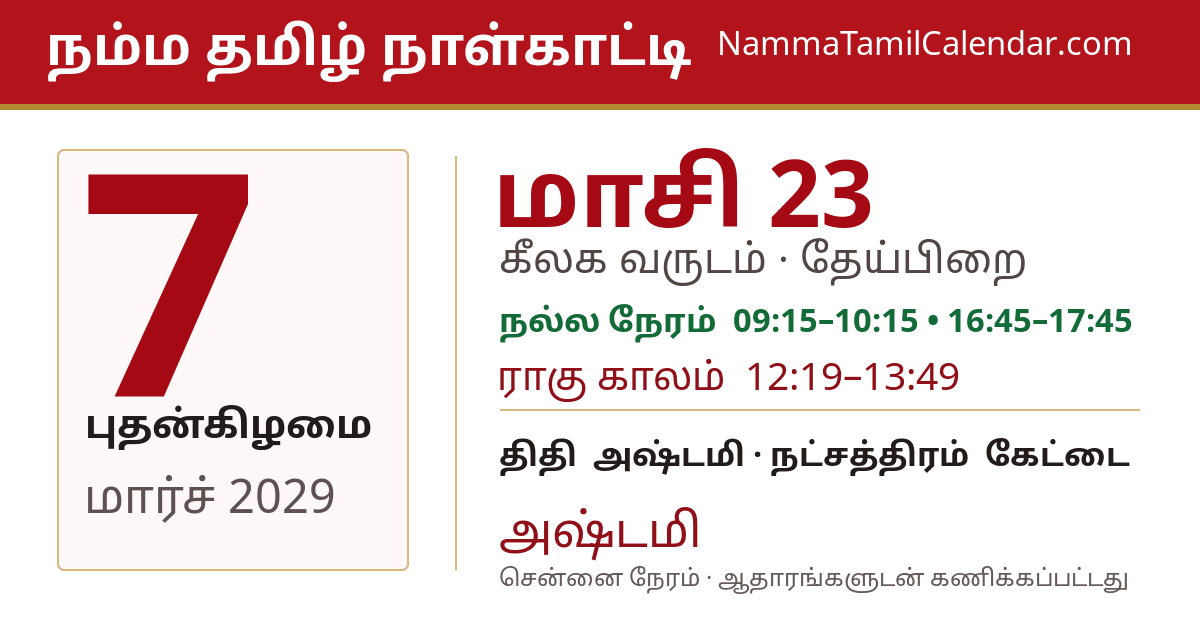 மார்ச் 7, 2029 சென்னை தமிழ் காலண்டர் பகிர்வு படம்