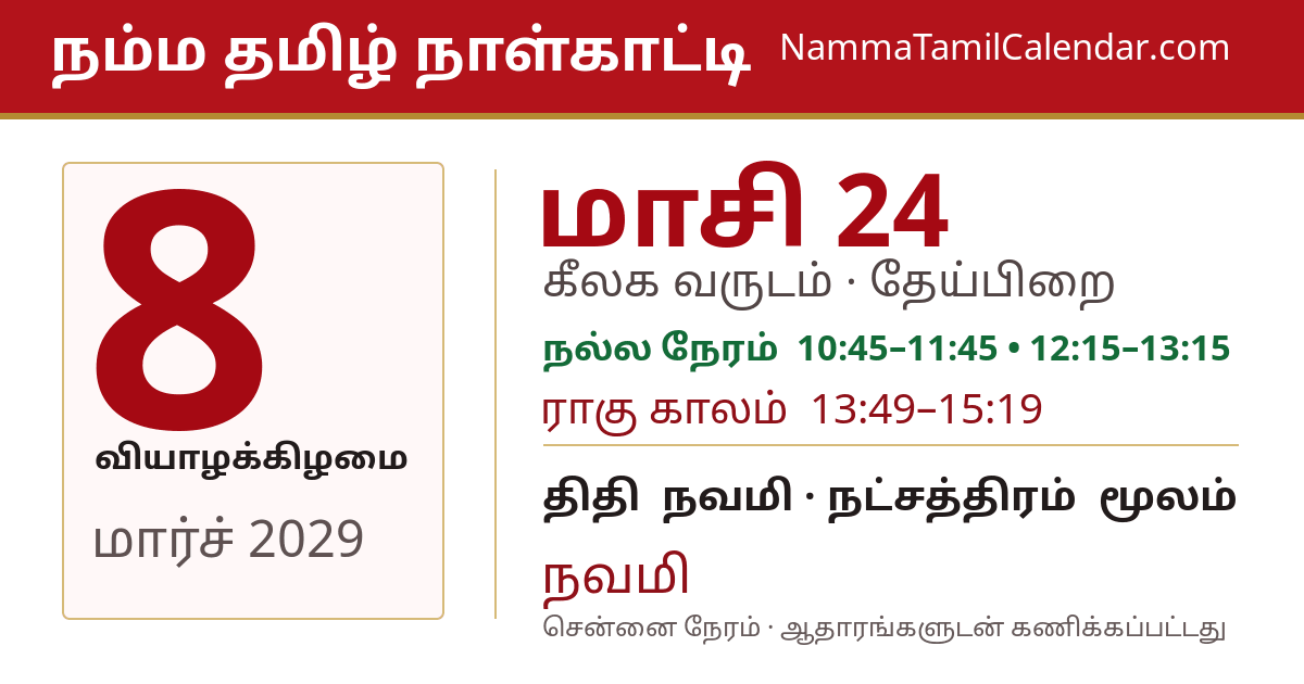 மார்ச் 8, 2029 சென்னை தமிழ் காலண்டர் பகிர்வு படம்