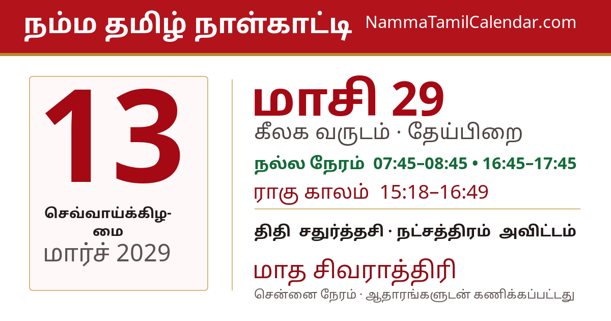 மார்ச் 13, 2029 சென்னை தமிழ் காலண்டர் பகிர்வு படம்