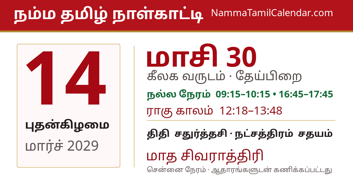 மார்ச் 14, 2029 சென்னை தமிழ் காலண்டர் பகிர்வு படம்