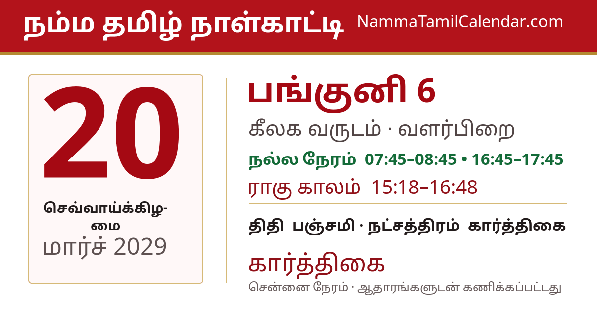 மார்ச் 20, 2029 சென்னை தமிழ் காலண்டர் பகிர்வு படம்