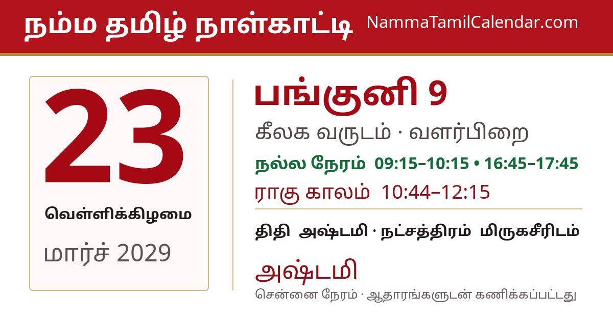 மார்ச் 23, 2029 சென்னை தமிழ் காலண்டர் பகிர்வு படம்