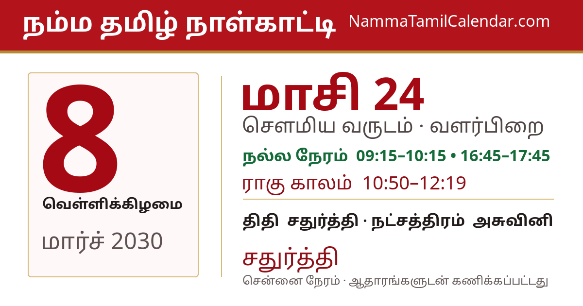 மார்ச் 8, 2030 சென்னை தமிழ் காலண்டர் பகிர்வு படம்