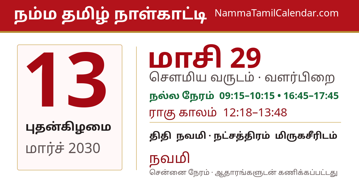 மார்ச் 13, 2030 சென்னை தமிழ் காலண்டர் பகிர்வு படம்