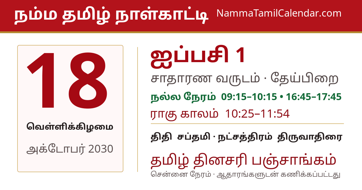 அக்டோபர் 18, 2030 சென்னை தமிழ் காலண்டர் பகிர்வு படம்