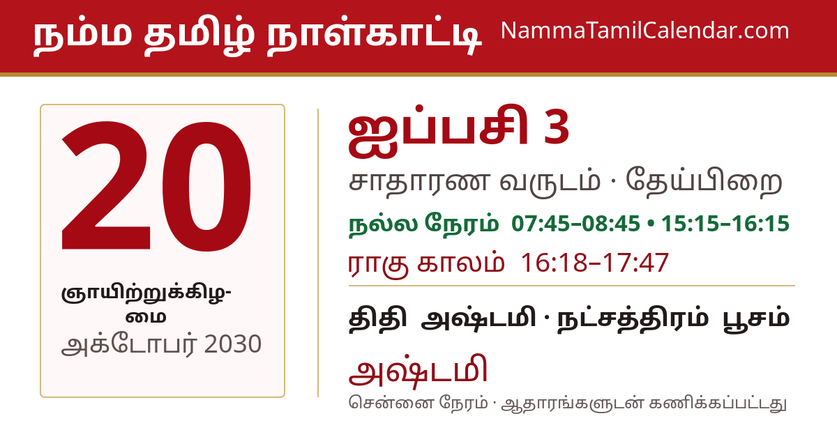 அக்டோபர் 20, 2030 சென்னை தமிழ் காலண்டர் பகிர்வு படம்