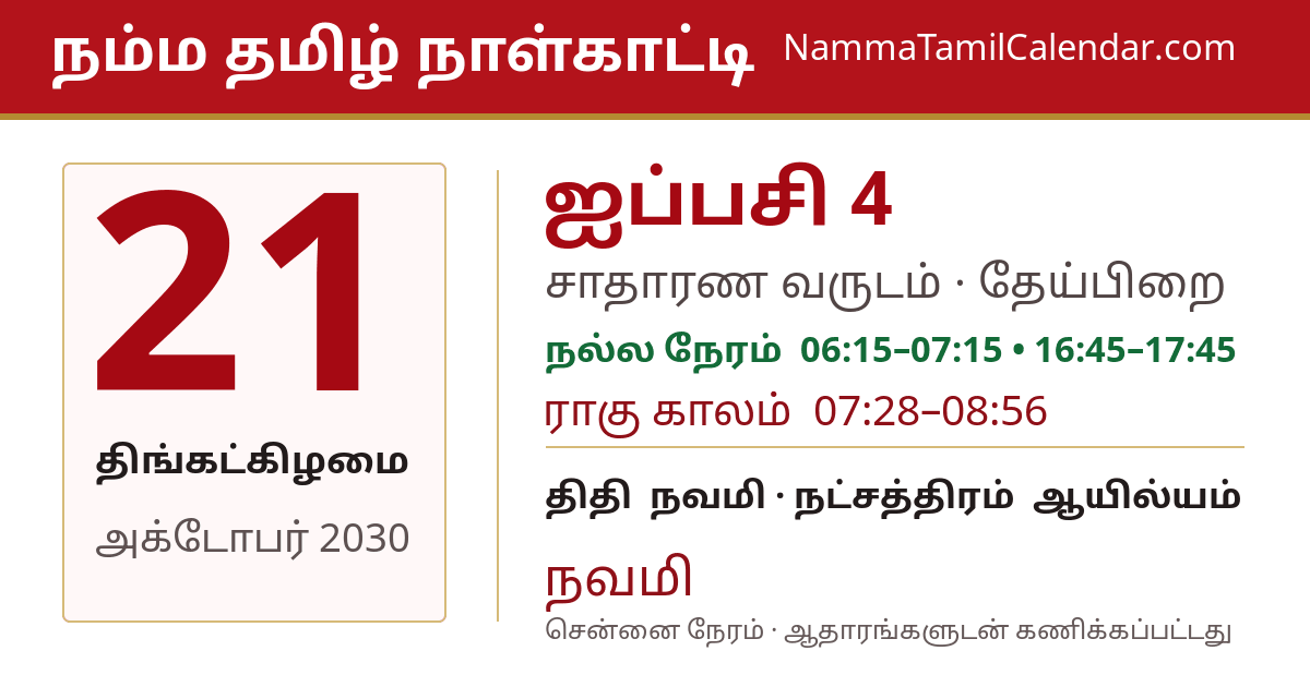 அக்டோபர் 21, 2030 சென்னை தமிழ் காலண்டர் பகிர்வு படம்