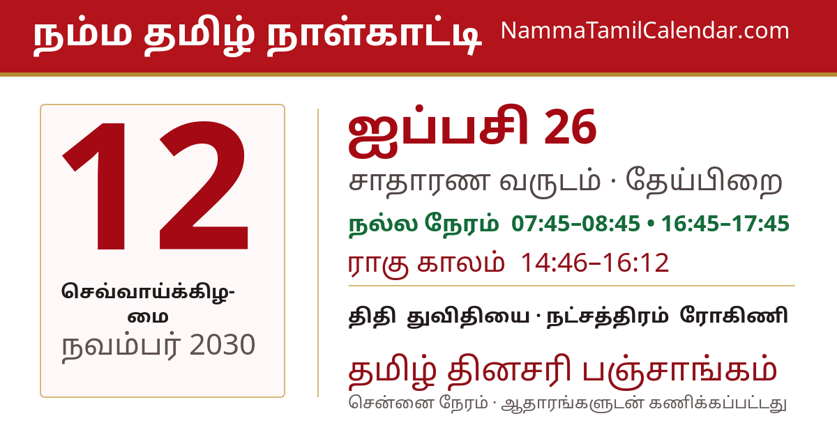 நவம்பர் 12, 2030 சென்னை தமிழ் காலண்டர் பகிர்வு படம்