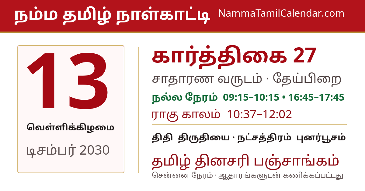 டிசம்பர் 13, 2030 சென்னை தமிழ் காலண்டர் பகிர்வு படம்