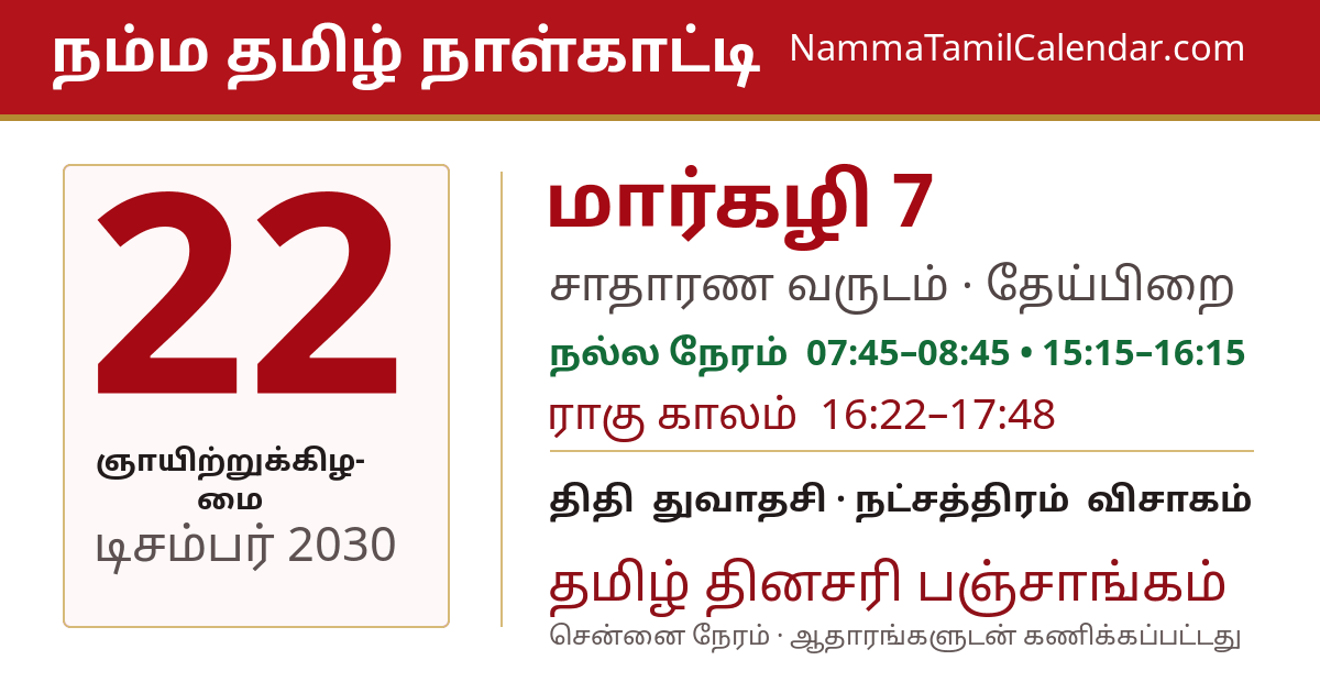 டிசம்பர் 22, 2030 சென்னை தமிழ் காலண்டர் பகிர்வு படம்