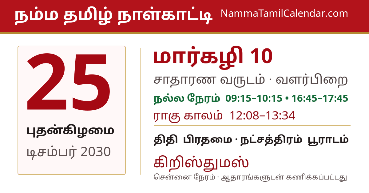 டிசம்பர் 25, 2030 சென்னை தமிழ் காலண்டர் பகிர்வு படம்