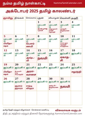 அக்டோபர் 2025 தமிழ் மாத காலண்டர் அச்சுப் படம்
