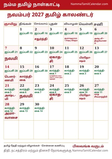 நவம்பர் 2027 தமிழ் மாத காலண்டர் அச்சுப் படம்