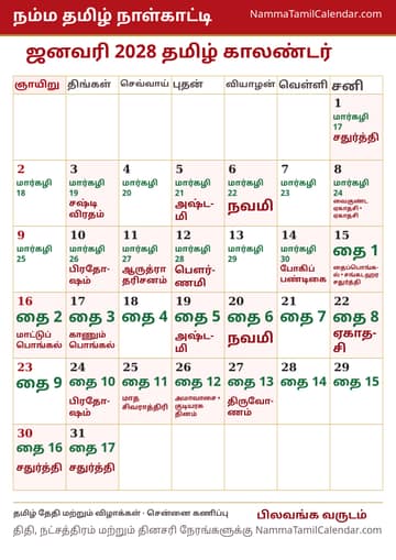 ஜனவரி 2028 தமிழ் மாத காலண்டர் அச்சுப் படம்