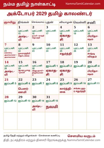 அக்டோபர் 2029 தமிழ் மாத காலண்டர் அச்சுப் படம்